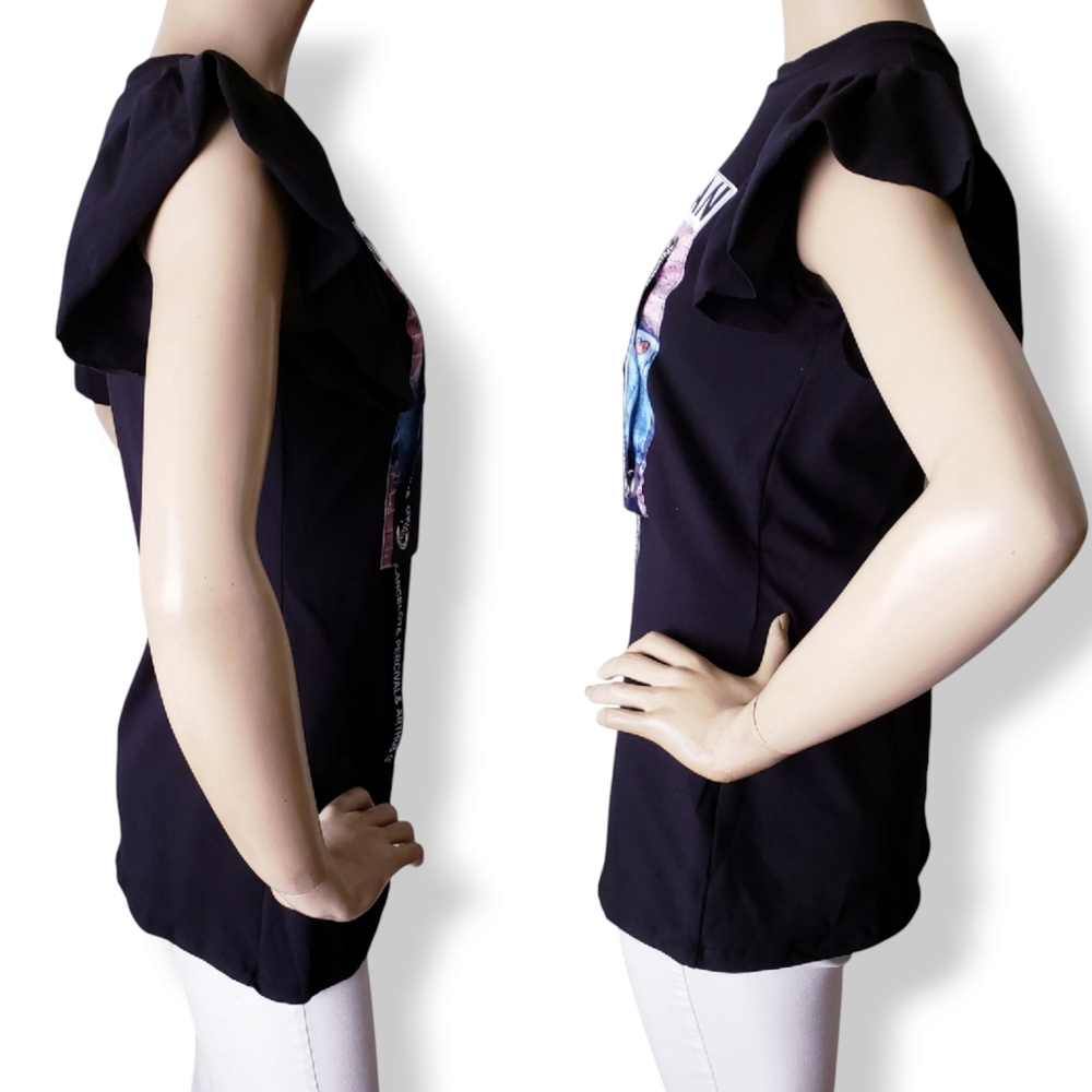 Black Graphic Print Ribbon Tee with Ruffle Flutter Sleeves - Picture 6 of 8